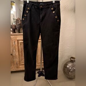 Adrienne Vittadini Denim Black Sailor Button Cropped Pants Stretch Slim Size 10